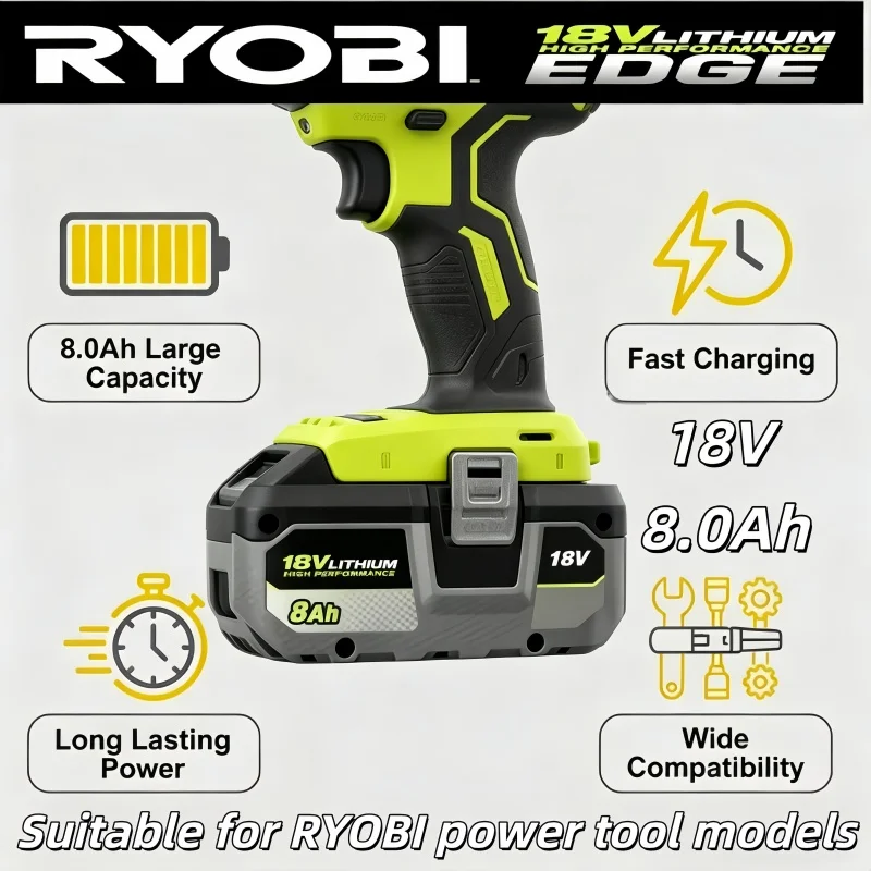 Universal 18V battery for RYOBI tools no Memory Effect Durable Quality, Safe use, Perfect Substitute For P104 P107 P109 RB18L20.
Universal 18V battery for RYOBI tools no Memory Effect Durable Quality, Safe use, Perfect Substitute For P104 P107 P109 RB18L20.