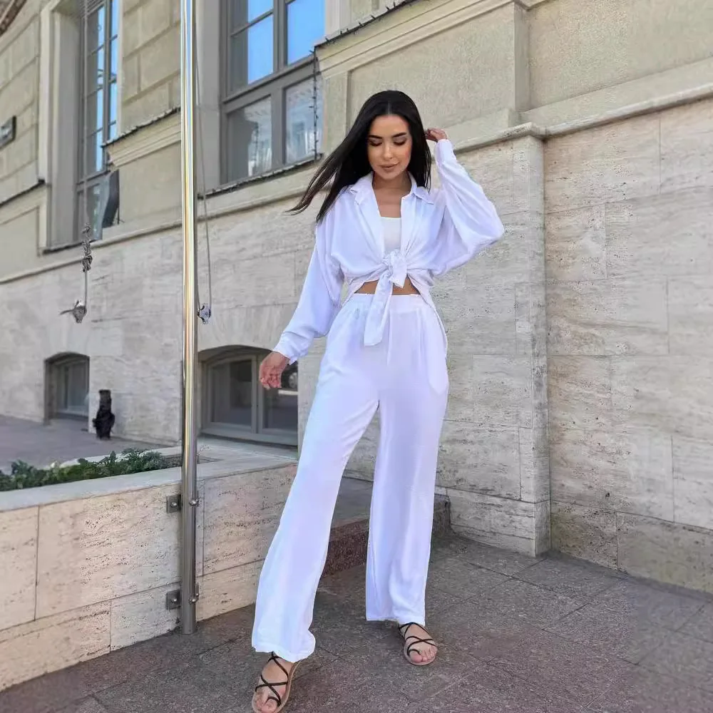 Casual summer pure-color drawstring loose-fitting cotton and linen pure-color shirt and wide-leg pants set
Casual summer pure-color drawstring loose-fitting cotton and linen pure-color shirt and wide-leg pants set