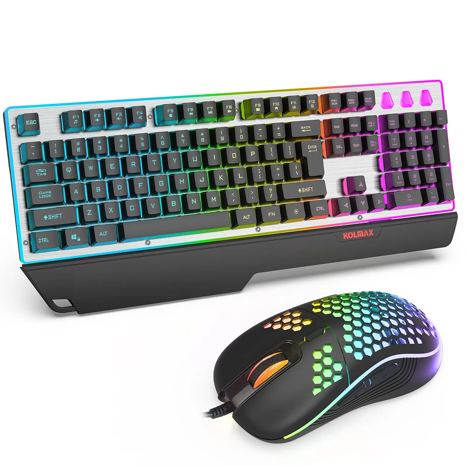 Wired game keyboard with rainbow backlight LED | Transparent aluminum panel, ergonomic wrist rest | Waterproof full-size 104-key
Wired game keyboard with rainbow backlight LED | Transparent aluminum panel, ergonomic wrist rest | Waterproof full-size 104-key