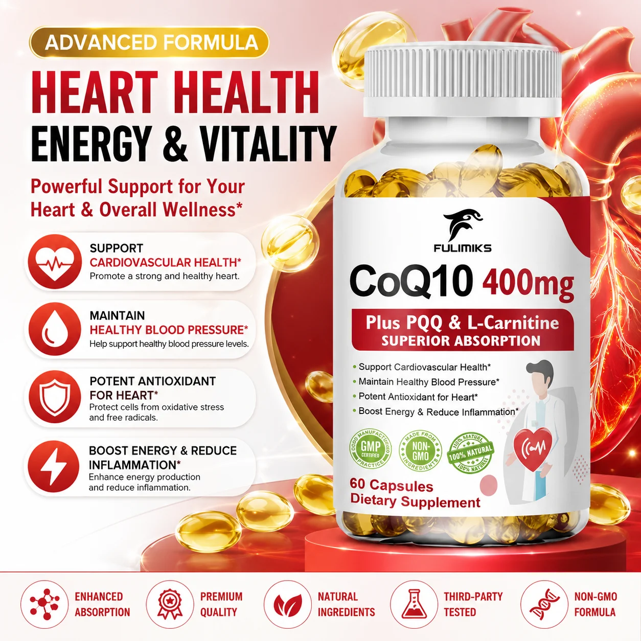 FULIMIKS High Absorption CoQ10 400mg Capsules, with PQQ & Black Pepper, Supports Heart & Cardiovascular Health, Energy Levels
FULIMIKS High Absorption CoQ10 400mg Capsules, with PQQ & Black Pepper, Supports Heart & Cardiovascular Health, Energy Levels