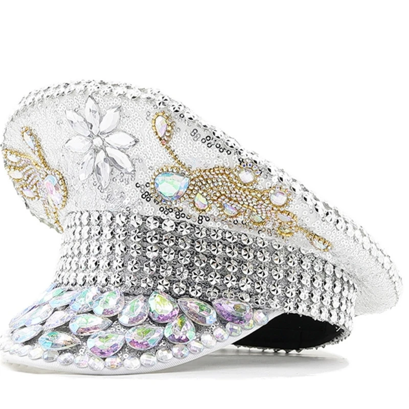 Crystal Studded Captain Hat Sparkling Sequins Flat Top Hat Wedding Bridal Cap 066C
Crystal Studded Captain Hat Sparkling Sequins Flat Top Hat Wedding Bridal Cap 066C