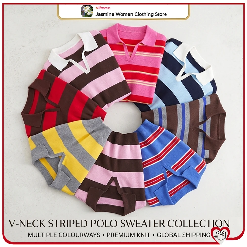 Spring & Autumn Multicolored Striped Polo Sweaters for Women New in Fashion Polo Neck Knitwears Relaxtion Long Sleeves Pullovers
Spring & Autumn Multicolored Striped Polo Sweaters for Women New in Fashion Polo Neck Knitwears Relaxtion Long Sleeves Pullovers