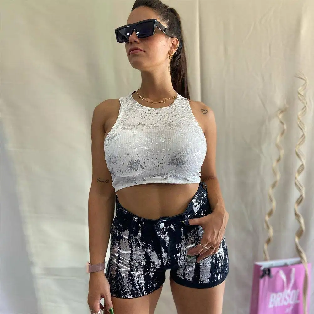 Silver Foil Slim Fit Short Tank Top Women's Fashion New Arrival Belly Baring Trendy Cotton Polyester round Neck Sleeveless
Silver Foil Slim Fit Short Tank Top Women's Fashion New Arrival Belly Baring Trendy Cotton Polyester round Neck Sleeveless