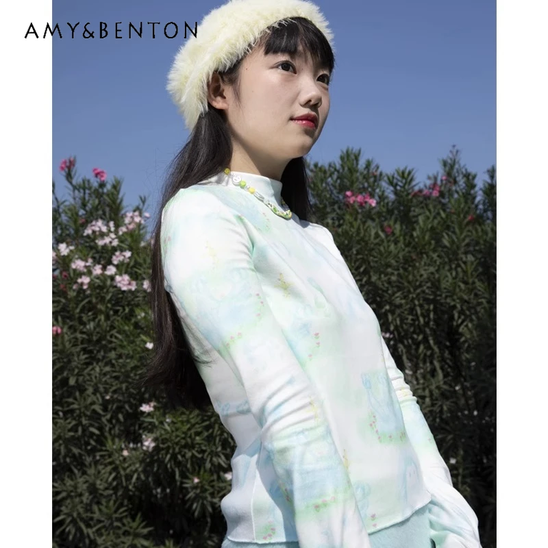 Spring Summer Original New Women's Clothing Hand-painted Printed Long-sleeve Bottoming Shirt Stand-up Collar Cute T-shirt Ladies
Spring Summer Original New Women's Clothing Hand-painted Printed Long-sleeve Bottoming Shirt Stand-up Collar Cute T-shirt Ladies