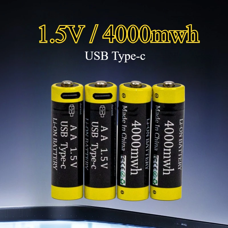 New 4000mWh Rechargeable Li-ion Battery AA 1.5V USB Type-C Batteries for Mouse Remote Control Small Fan Electric Toys Clock RC
New 4000mWh Rechargeable Li-ion Battery AA 1.5V USB Type-C Batteries for Mouse Remote Control Small Fan Electric Toys Clock RC