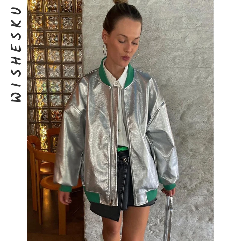 Metallic Sliver PU Faux Leather Jackets For Women Winter Polo Collar Long Sleeve Casual Coat Streetwear Patchwork Zip Outerwear
Metallic Sliver PU Faux Leather Jackets For Women Winter Polo Collar Long Sleeve Casual Coat Streetwear Patchwork Zip Outerwear