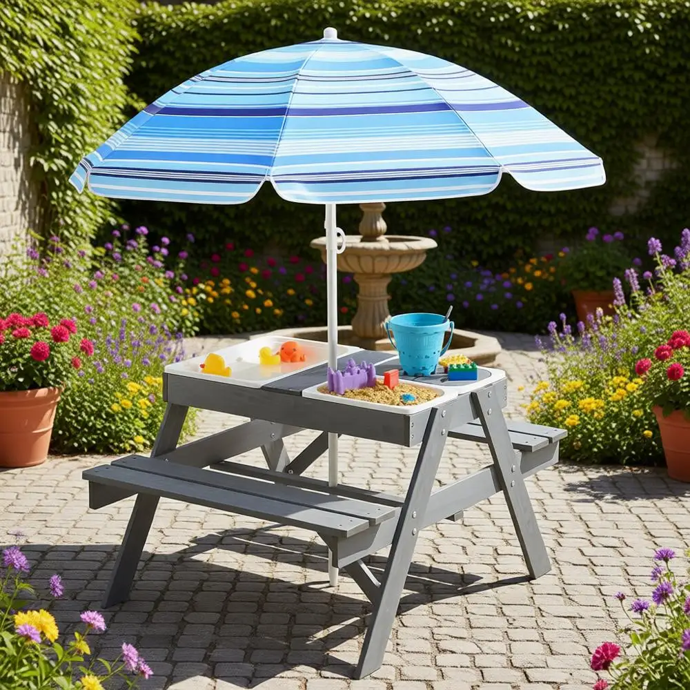 Регулируемый по высоте детский стол для пикника с зонтом, для игр с песком и водой, с контейнерами для хранения
Регулируемый по высоте детский стол для пикника с зонтом, для игр с песком и водой, с контейнерами для хранения