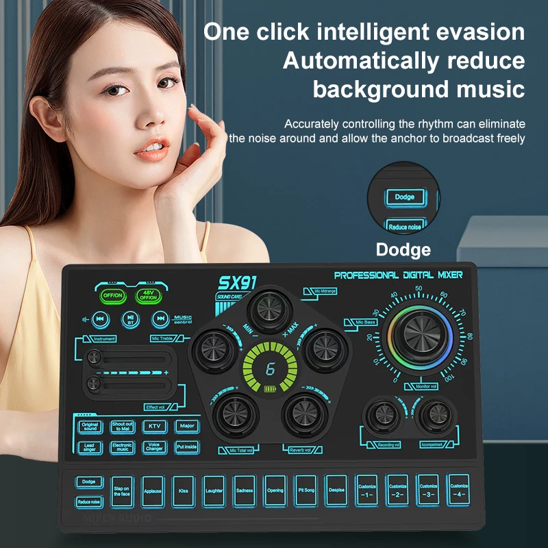 Gaming SX91 Mixer,Rechargeable Audio Interface RGB Mixer with XLR Microphone Interface,48V Phantom Power,for Podcast/Recording
Gaming SX91 Mixer,Rechargeable Audio Interface RGB Mixer with XLR Microphone Interface,48V Phantom Power,for Podcast/Recording