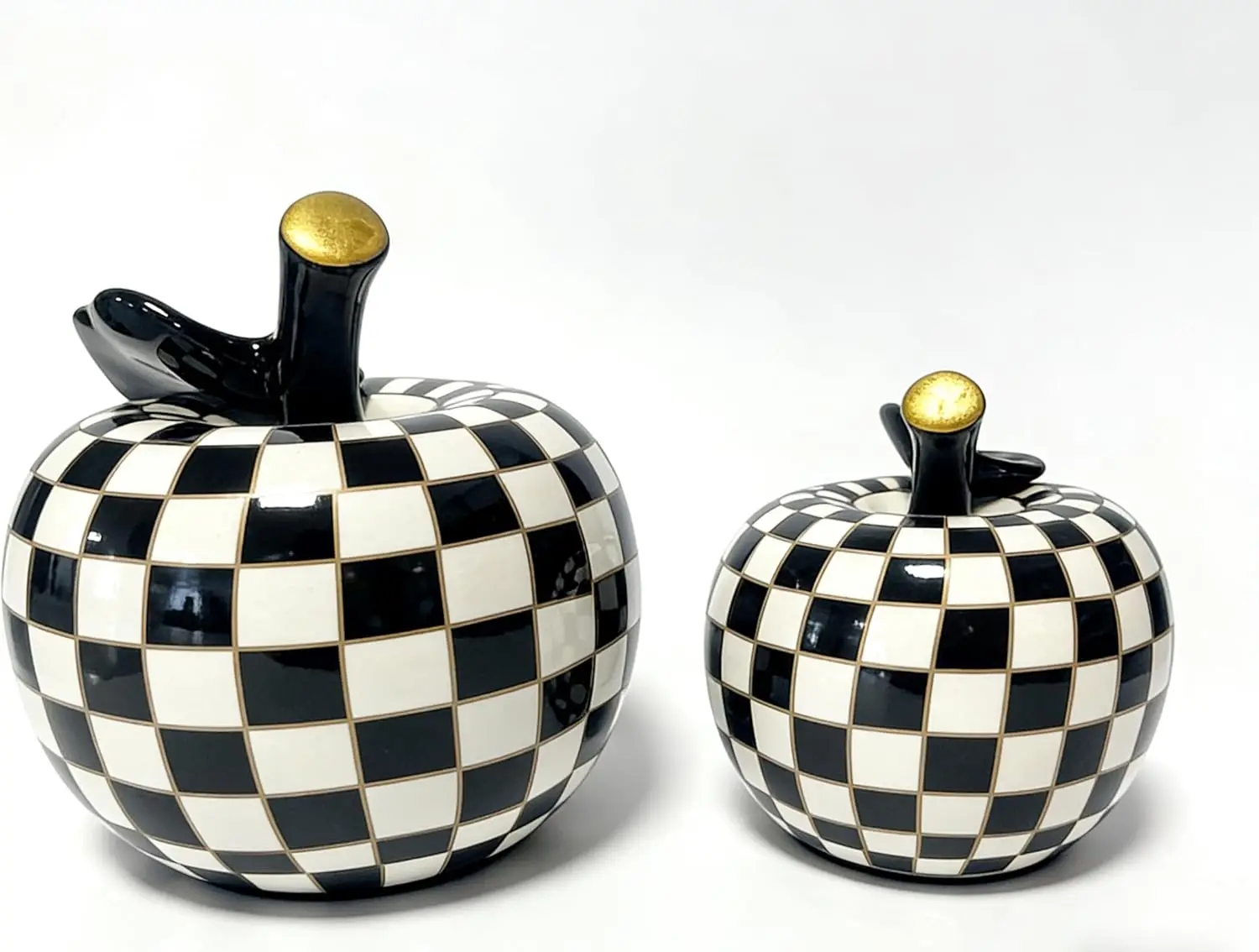 Porcelain Checker Apples Figurine Set of 2, Black and White Fruit Ornaments, Gold-Trimmed Sculptures
Porcelain Checker Apples Figurine Set of 2, Black and White Fruit Ornaments, Gold-Trimmed Sculptures