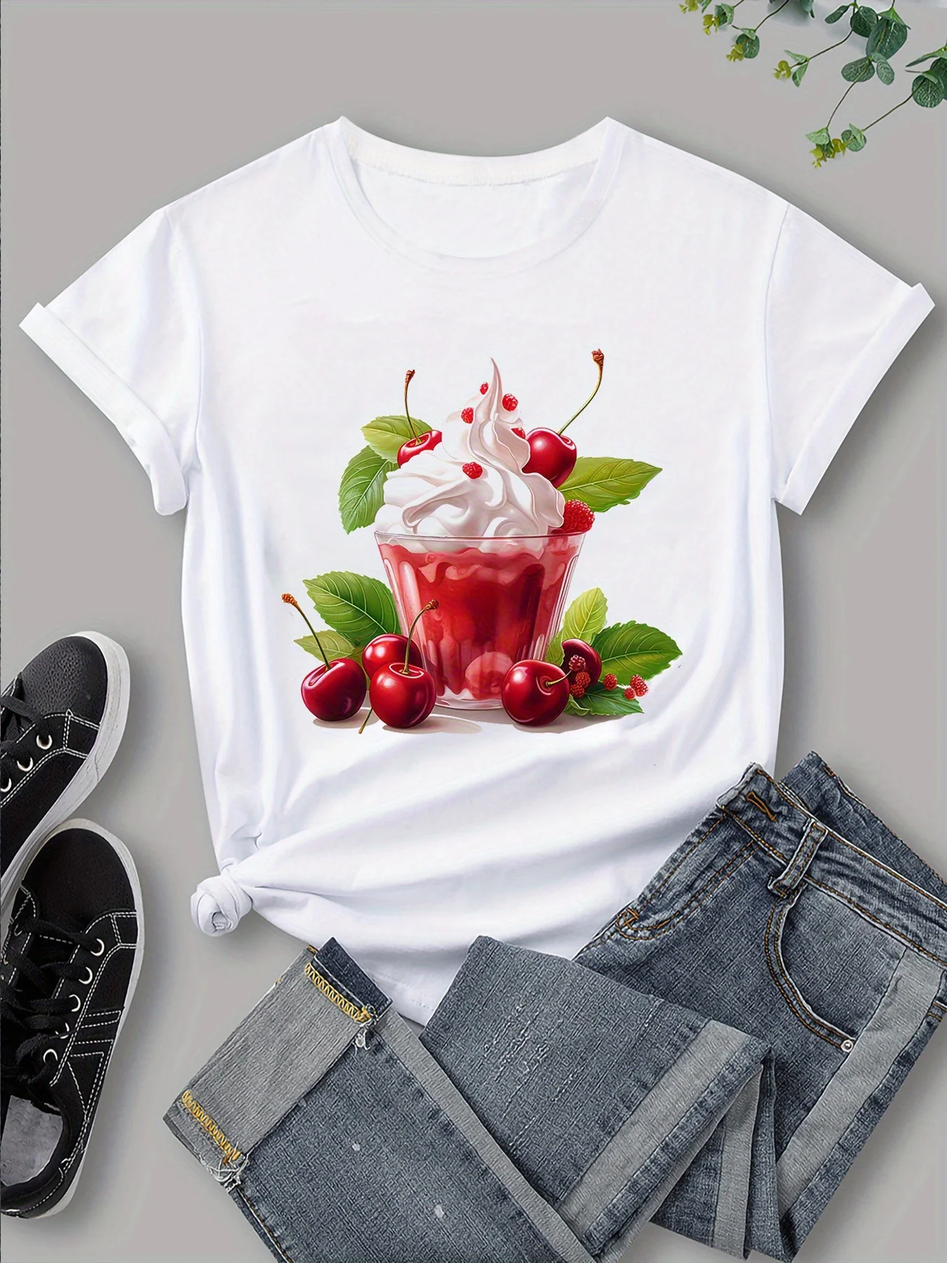 Women's Casual Short Sleeve Crew Neck T-Shirt - Cherry & Ice Cream Cartoon Print, Soft Micro-Elastic Non-Transparent Fabric,
Women's Casual Short Sleeve Crew Neck T-Shirt - Cherry & Ice Cream Cartoon Print, Soft Micro-Elastic Non-Transparent Fabric,