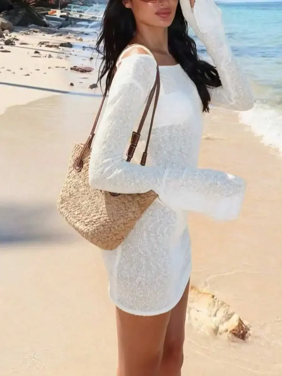 White Ribbed Knit Cover-Up Dress For Women, Round Neck Slim Fit Casual Vacation Beach Dress
White Ribbed Knit Cover-Up Dress For Women, Round Neck Slim Fit Casual Vacation Beach Dress