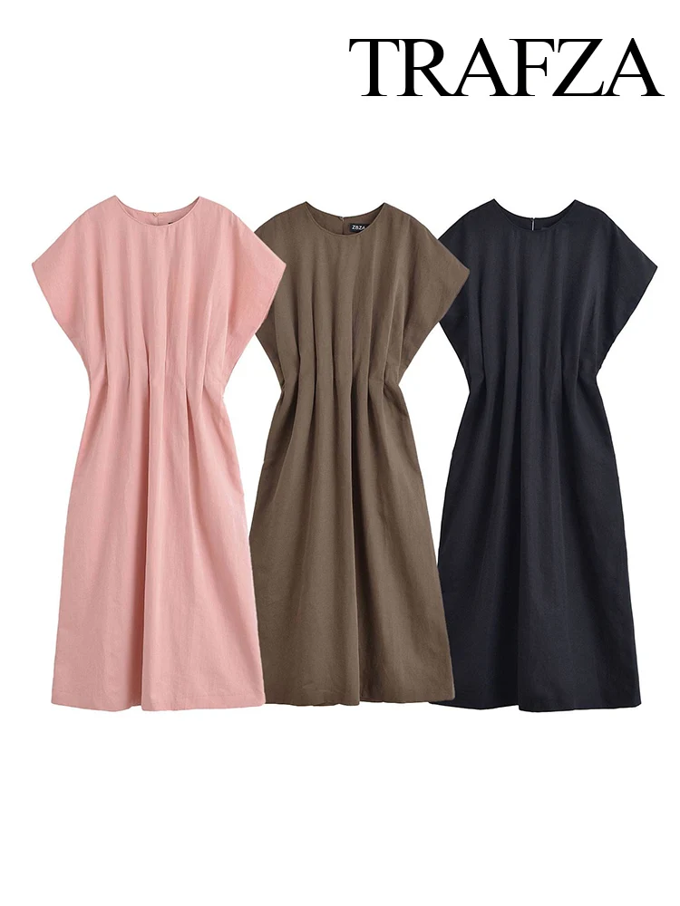 TRAFZA Women Summer Fashion Round Collar Pockets Pleated Decoration Dress Female Elegant High Waist Slim Short Sleeve Midi Dress
TRAFZA Women Summer Fashion Round Collar Pockets Pleated Decoration Dress Female Elegant High Waist Slim Short Sleeve Midi Dress