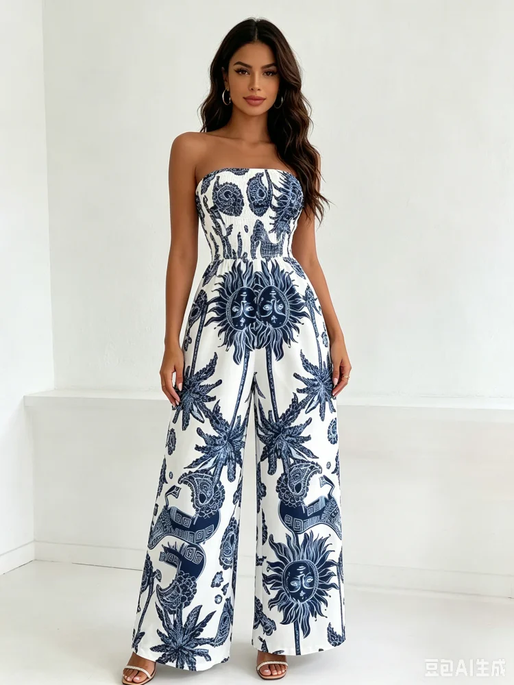 Women's Boho Sun Palm Tree Print Strapless Jumpsuit, Smocked High Waist Wide Leg Tropical Vacation Tube Top Romper, Summer Beach Resort Casual Outfit
Women's Boho Sun Palm Tree Print Strapless Jumpsuit, Smocked High Waist Wide Leg Tropical Vacation Tube Top Romper, Summer Beach Resort Casual Outfit