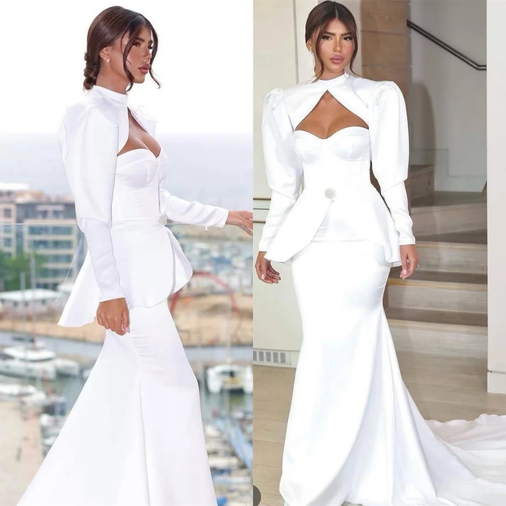 Customized Elegant White Satin Evening Dress Classic O-Neck Long Sleeves Prom Dress Delicate Mermaid Chapel Train Party Dresses
Customized Elegant White Satin Evening Dress Classic O-Neck Long Sleeves Prom Dress Delicate Mermaid Chapel Train Party Dresses