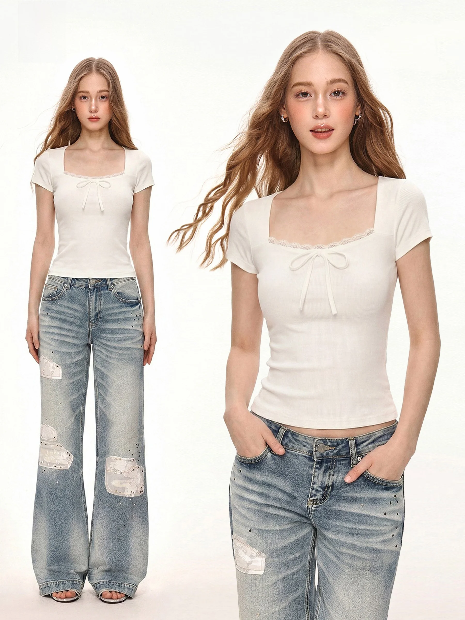 Sweet And Spicy November Short Sleeve T-Shirt Women's Summer American Lace Trim Square Collar Slim Fit Short Length Top
Sweet And Spicy November Short Sleeve T-Shirt Women's Summer American Lace Trim Square Collar Slim Fit Short Length Top