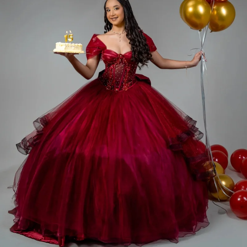 Burgundy Quinceanera Dresses Off the Shoulder Decal Glitter Lace Layering Long tail Bow Vestido De 15 Quinceanera Customize
Burgundy Quinceanera Dresses Off the Shoulder Decal Glitter Lace Layering Long tail Bow Vestido De 15 Quinceanera Customize