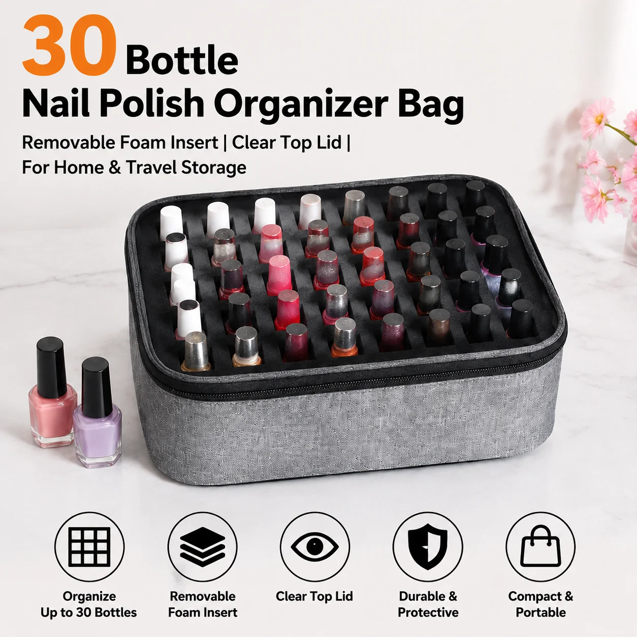 30-Bottles Large Capacity Nail Polish Organizer Bag Removable Foam Insert Clear Top Lid for Home Travel Hold 15ml/0.5fl oz Bottl
30-Bottles Large Capacity Nail Polish Organizer Bag Removable Foam Insert Clear Top Lid for Home Travel Hold 15ml/0.5fl oz Bottl