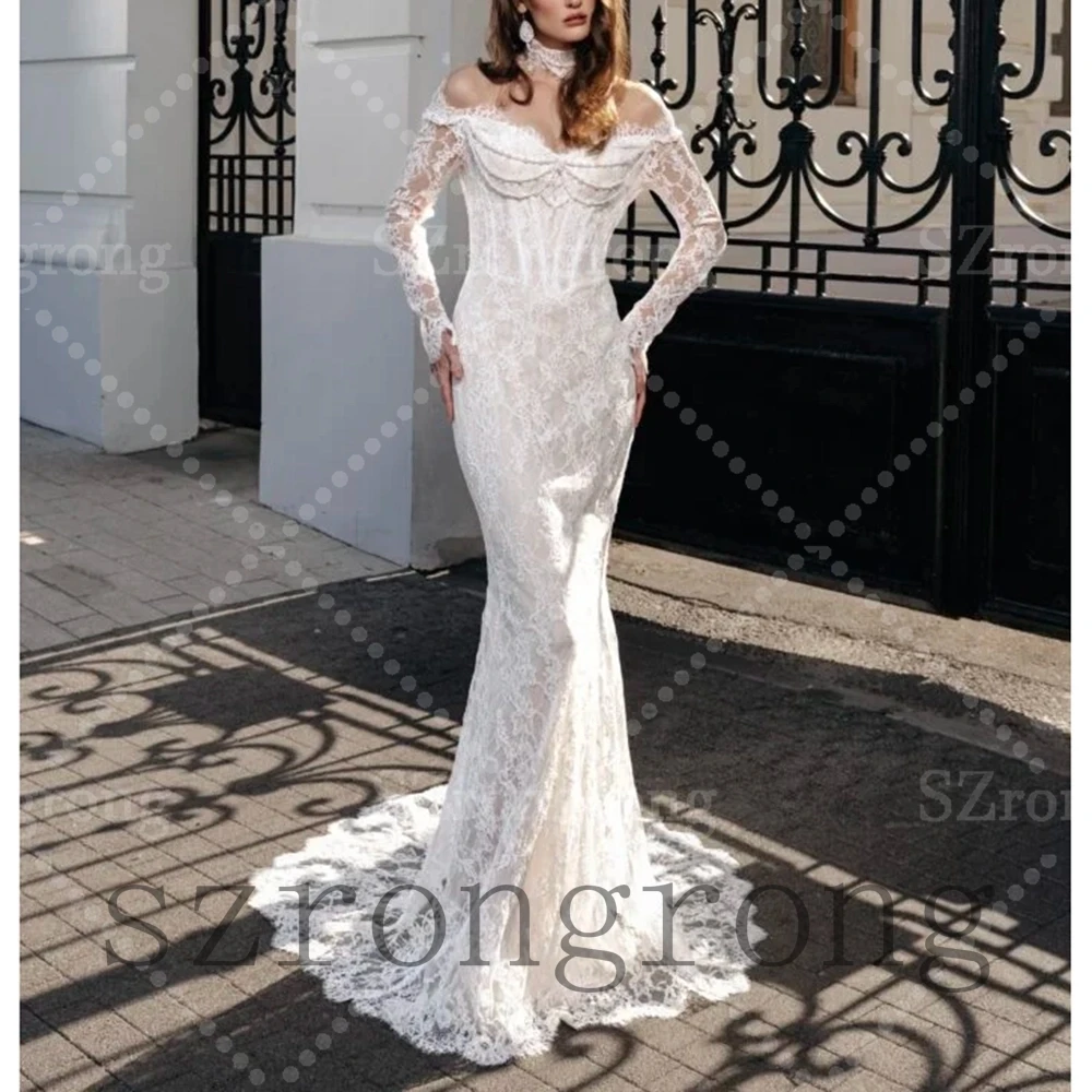 Custom Made Sweetheart Collar Lace Mermaid Sexy Wedding Dress Pearls Backless Long Sleeve Floor Length Bridal Dress with Court
Custom Made Sweetheart Collar Lace Mermaid Sexy Wedding Dress Pearls Backless Long Sleeve Floor Length Bridal Dress with Court