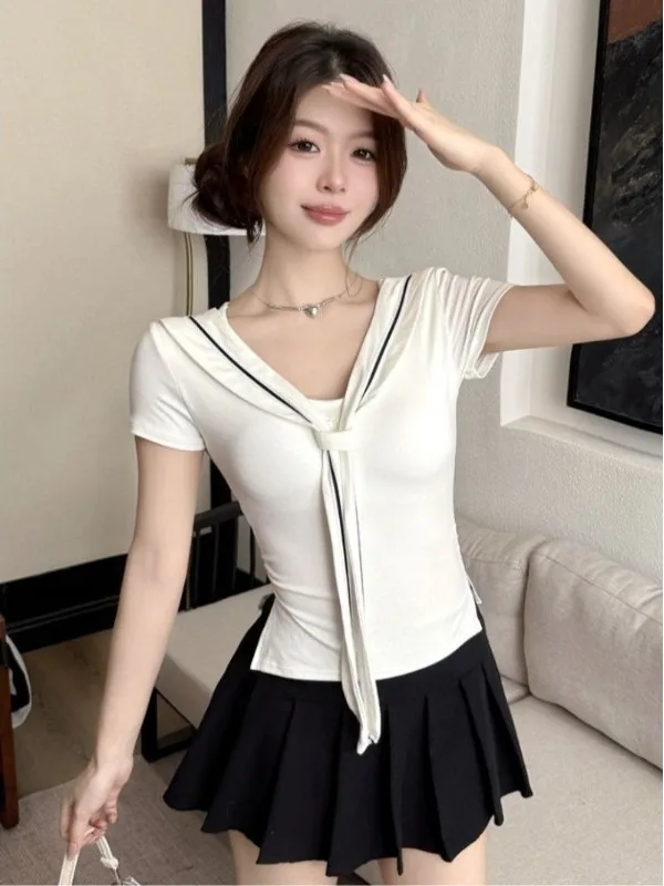 Korean Style Navy Collar Short Sleeve V-Neck T-Shirt Women's Summer New Side Pleat Design Sensation Outerwear Casual Shirt
Korean Style Navy Collar Short Sleeve V-Neck T-Shirt Women's Summer New Side Pleat Design Sensation Outerwear Casual Shirt