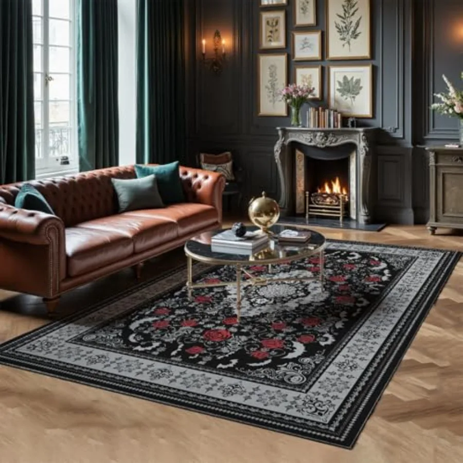 Dark Academia Gothic area rug for living room bedroom dining room, polyester blend, charcoal black with ivory accents, soft mac
Dark Academia Gothic area rug for living room bedroom dining room, polyester blend, charcoal black with ivory accents, soft mac