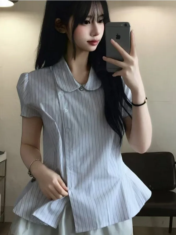 Chic Summer Shirt Women's Korean Style Sweet Doll Collar Striped Short Sleeve Fashionable Versatile Elegant Top
Chic Summer Shirt Women's Korean Style Sweet Doll Collar Striped Short Sleeve Fashionable Versatile Elegant Top