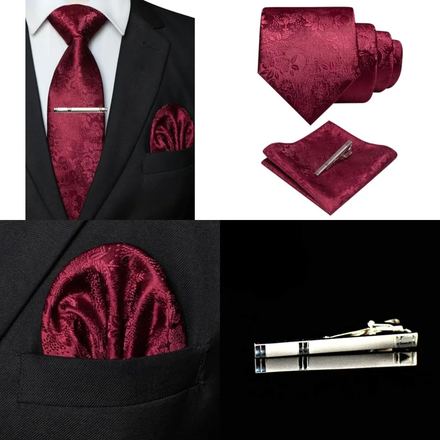 Floral Necktie and Pocket Square Tie Clip Sets for Men,Burgundy
Floral Necktie and Pocket Square Tie Clip Sets for Men,Burgundy