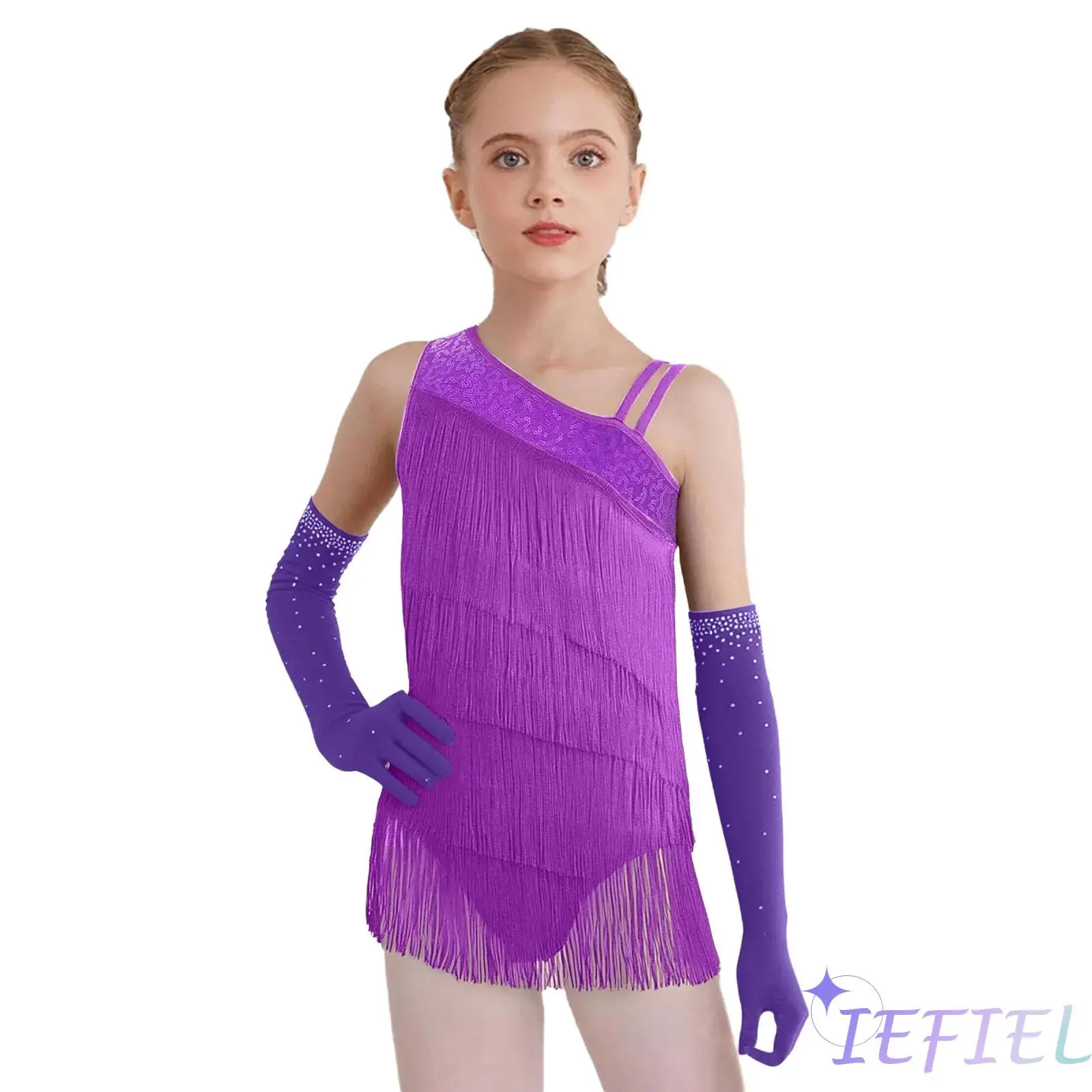 Kids Girl Modern Ballroom Salsa Latin Dance Costume Sleeveless Tassels Asymmetrical Sequins Leotard with Rhinestones Mesh Gloves
Kids Girl Modern Ballroom Salsa Latin Dance Costume Sleeveless Tassels Asymmetrical Sequins Leotard with Rhinestones Mesh Gloves