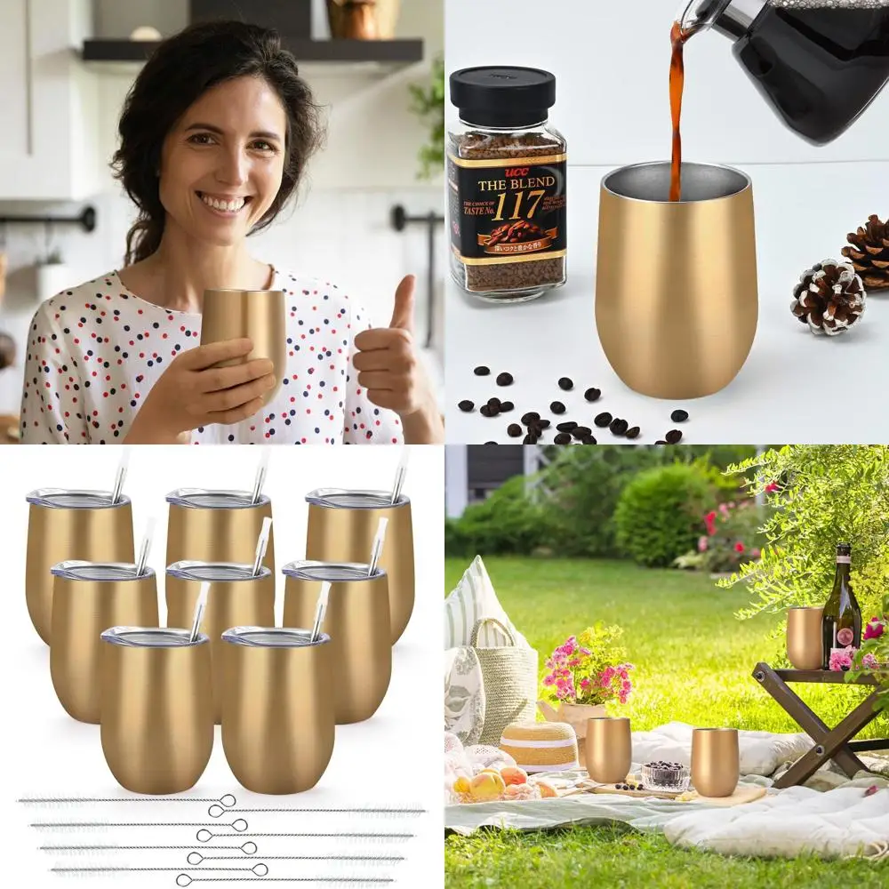 Набор из 8 стаканов для вина из нержавеющей стали с изоляцией на 12 унций и крышками, двойными стенками, чашки без ножки для напитков, золотые
Набор из 8 стаканов для вина из нержавеющей стали с изоляцией на 12 унций и крышками, двойными стенками, чашки без ножки для напитков, золотые
