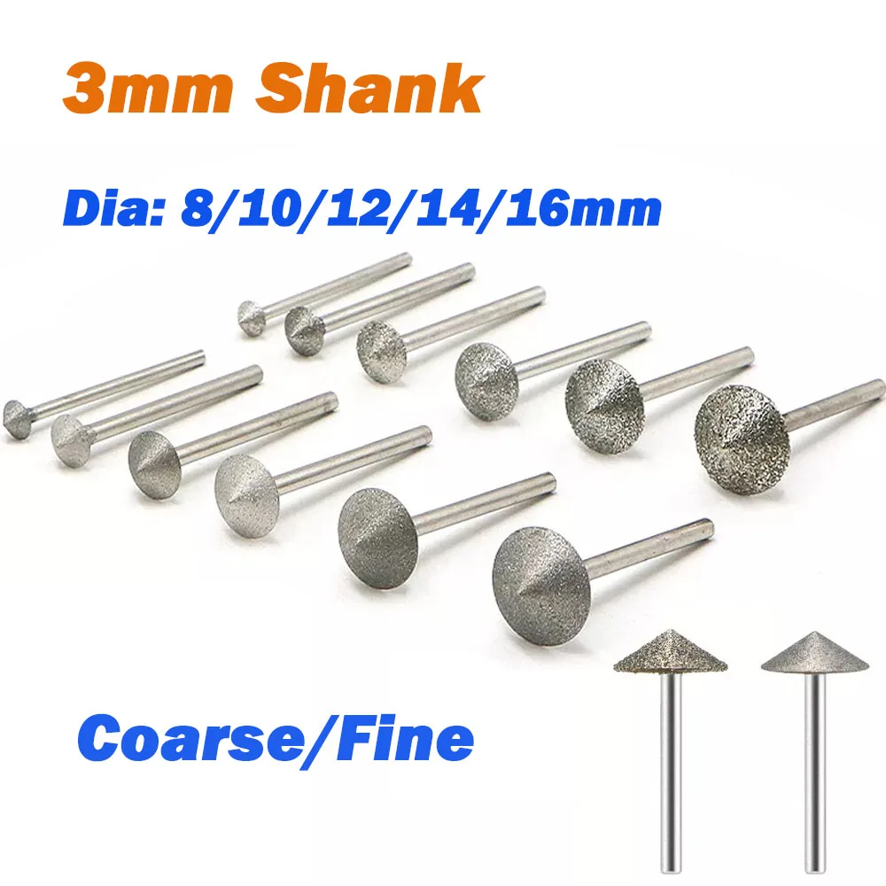 8/10/12/14/16mm Conical Umbrella Shape Diamond Grinding Drill Bits 3mm Shank Coarse/Fine Jade Carving Deburring Rotary Tool
8/10/12/14/16mm Conical Umbrella Shape Diamond Grinding Drill Bits 3mm Shank Coarse/Fine Jade Carving Deburring Rotary Tool