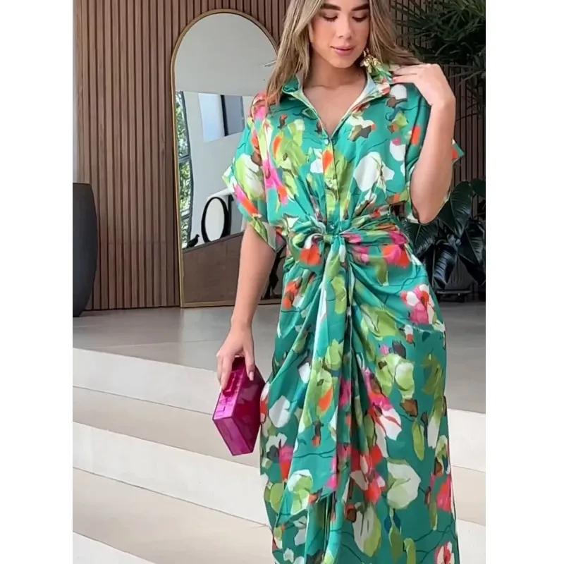 Loose fashion printed strappy irregular dress button-up shirt casual simple versatile temperament elegant vacation style high-en
Loose fashion printed strappy irregular dress button-up shirt casual simple versatile temperament elegant vacation style high-en