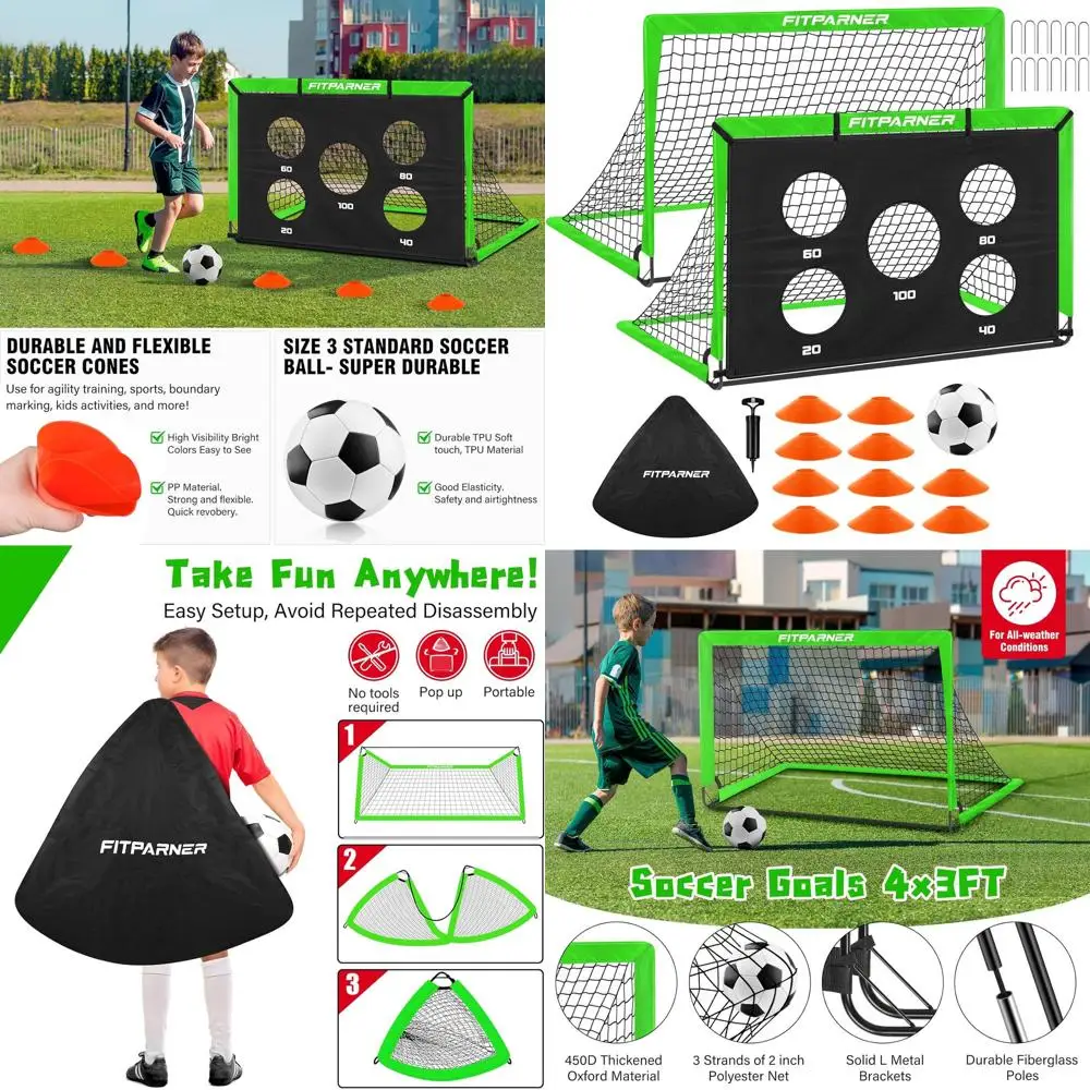Portable Soccer Goals for Kids - 2 Pack, 4x3 or 6x4 Feet, with Target, Ball & Cones for Outdoor Training
Portable Soccer Goals for Kids - 2 Pack, 4x3 or 6x4 Feet, with Target, Ball & Cones for Outdoor Training