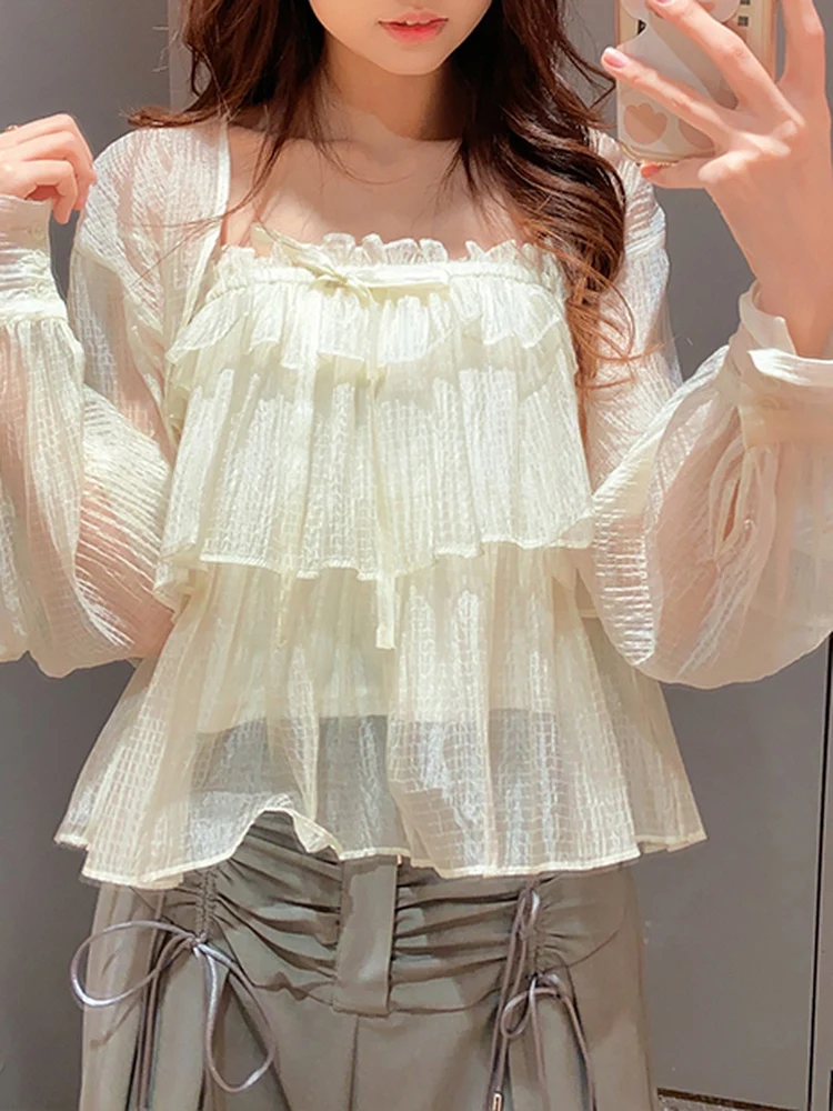 Spring Summer New Pure Color Sweet Strap Square Collar Lace Trim Micro Translucent Chiffon irt Two Piece Set Women's Faion
Spring Summer New Pure Color Sweet Strap Square Collar Lace Trim Micro Translucent Chiffon irt Two Piece Set Women's Faion