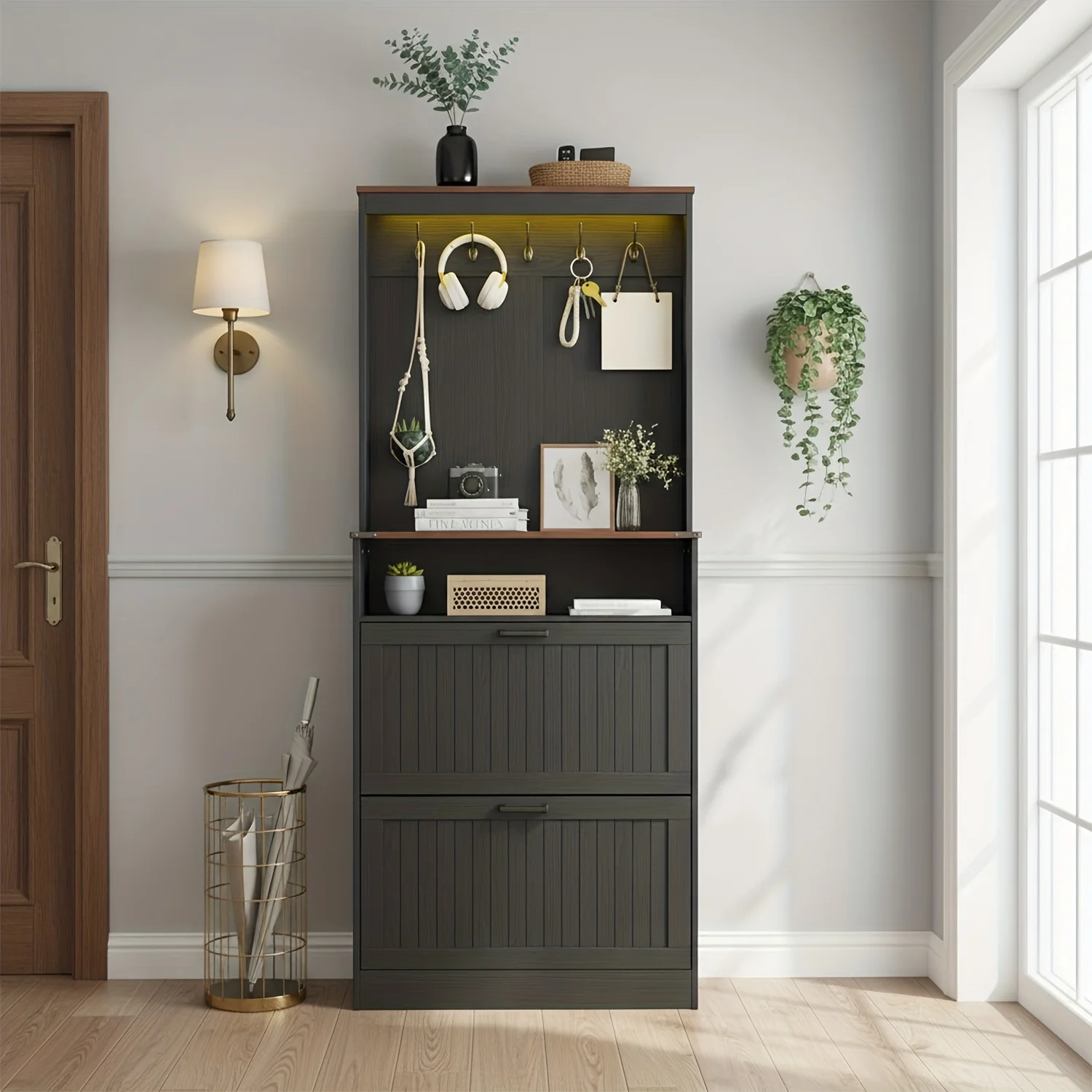 Furnify'S Farmhouse-Style Shoe Cabinet Features Two Flip Drawers And a Coat Rack, Serving As a Dual-Purpose Hall Tree with
Furnify'S Farmhouse-Style Shoe Cabinet Features Two Flip Drawers And a Coat Rack, Serving As a Dual-Purpose Hall Tree with