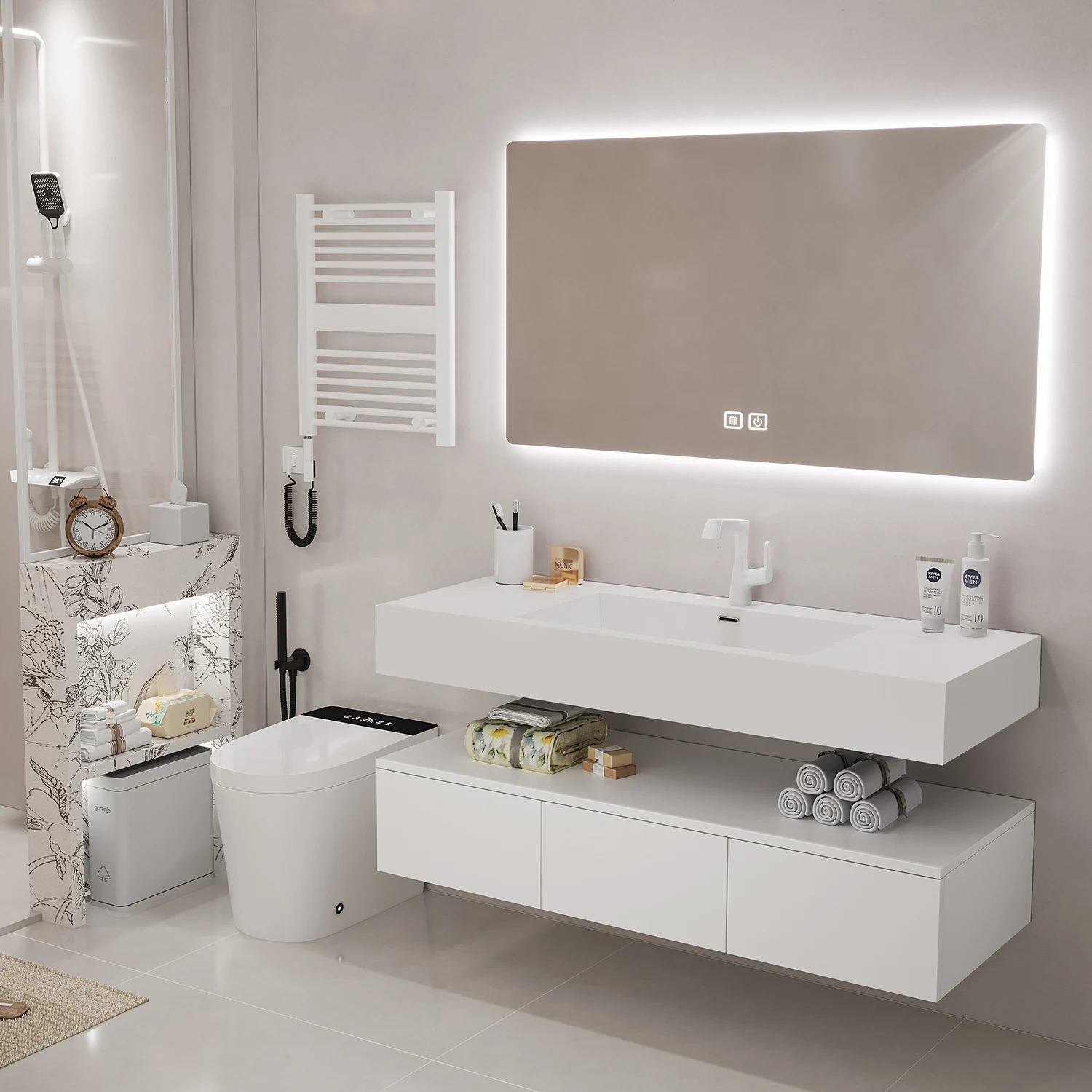 New Stylish Bathroom Furniture Cabinet with Smart Mirror Cabinet Modern White Wall Mounted Bathroom Vanity
New Stylish Bathroom Furniture Cabinet with Smart Mirror Cabinet Modern White Wall Mounted Bathroom Vanity