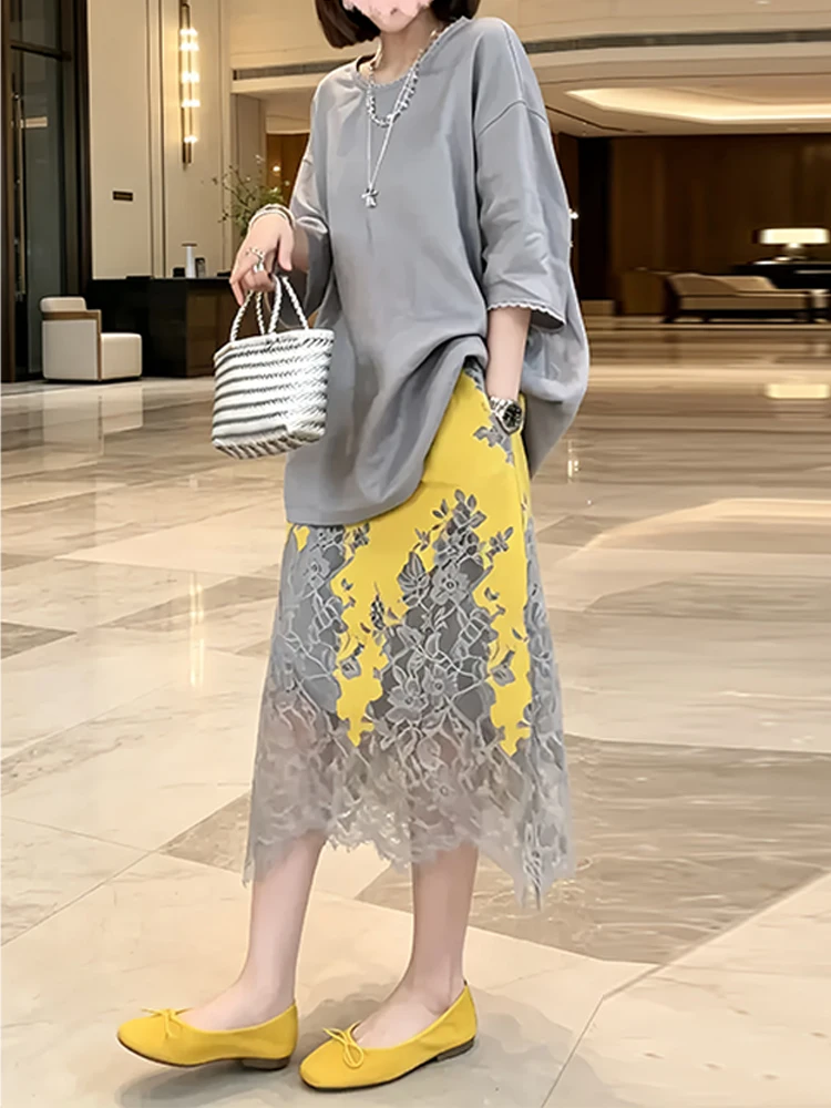 Casual Lace Half Skirt Set Women's Mid-Length T-Shirt Color Block High Waist Breathable Summer Fashion Two-Piece Ensemble
Casual Lace Half Skirt Set Women's Mid-Length T-Shirt Color Block High Waist Breathable Summer Fashion Two-Piece Ensemble