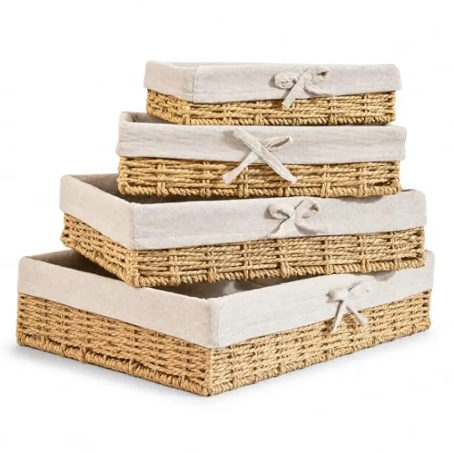 Baskets for Shelves Set of 4, Shallow Wicker Storage Baskets with Linen Liners, Decorative Woven Paper Rope Bins for Pantry, Ba
Baskets for Shelves Set of 4, Shallow Wicker Storage Baskets with Linen Liners, Decorative Woven Paper Rope Bins for Pantry, Ba
