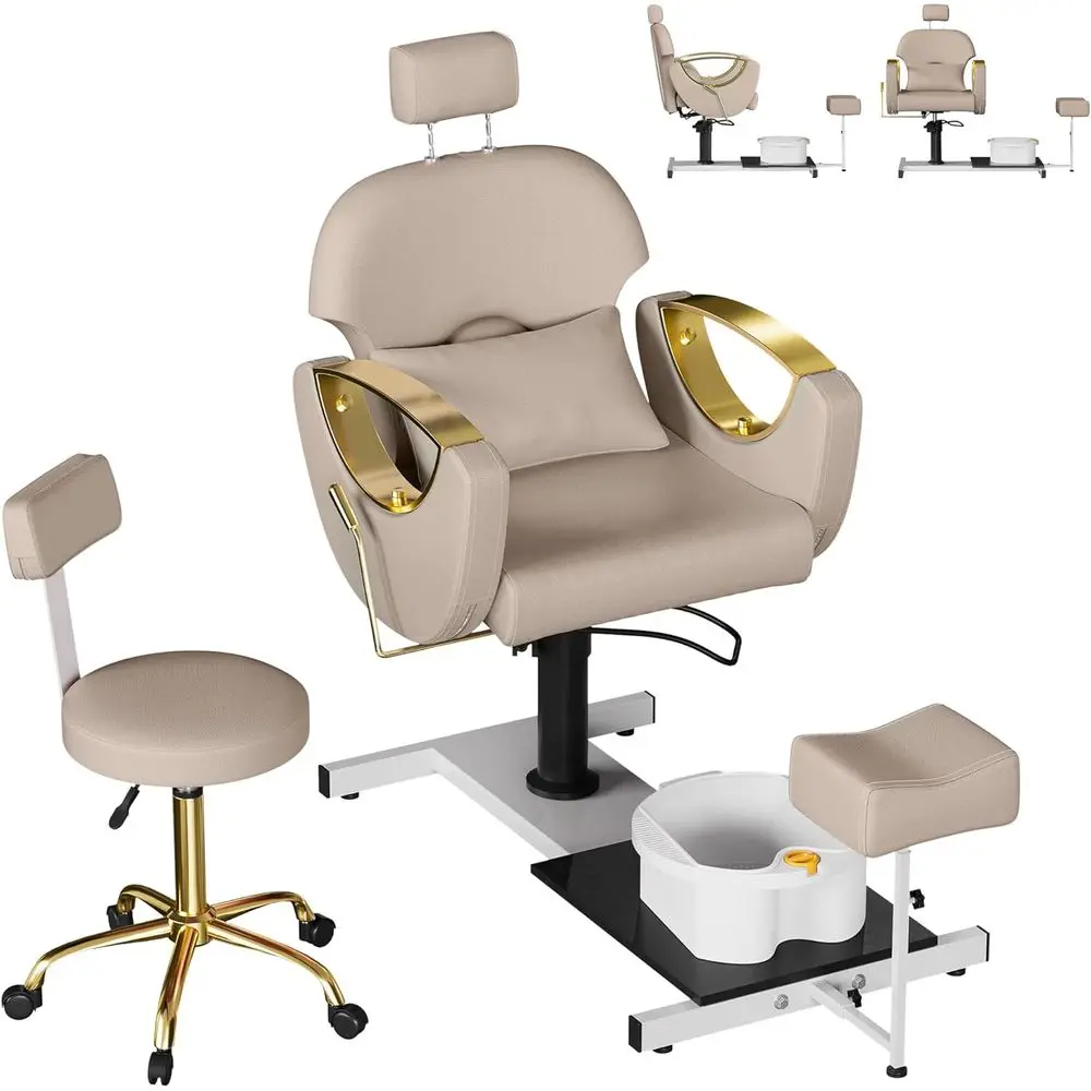 Luxury Reclining Pedicure Station with Adjustable Height, 360 Swivel, Footrest, Pillow, and Massage Features in Grey-Gold
Luxury Reclining Pedicure Station with Adjustable Height, 360 Swivel, Footrest, Pillow, and Massage Features in Grey-Gold