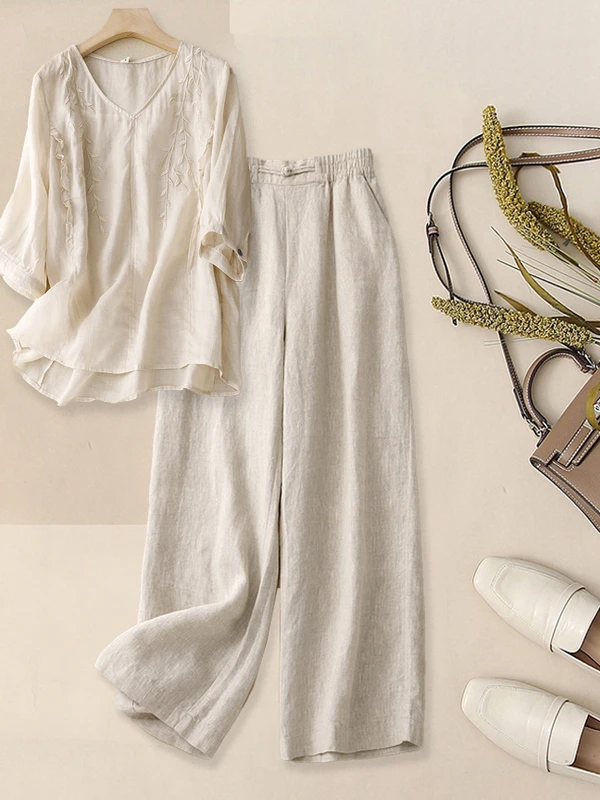 2025 New Summer Linen Set Women's High End Five Sve V Ne Embroidered irt Cotton Linen Wide Leg Pants Two Piece Set
2025 New Summer Linen Set Women's High End Five Sve V Ne Embroidered irt Cotton Linen Wide Leg Pants Two Piece Set