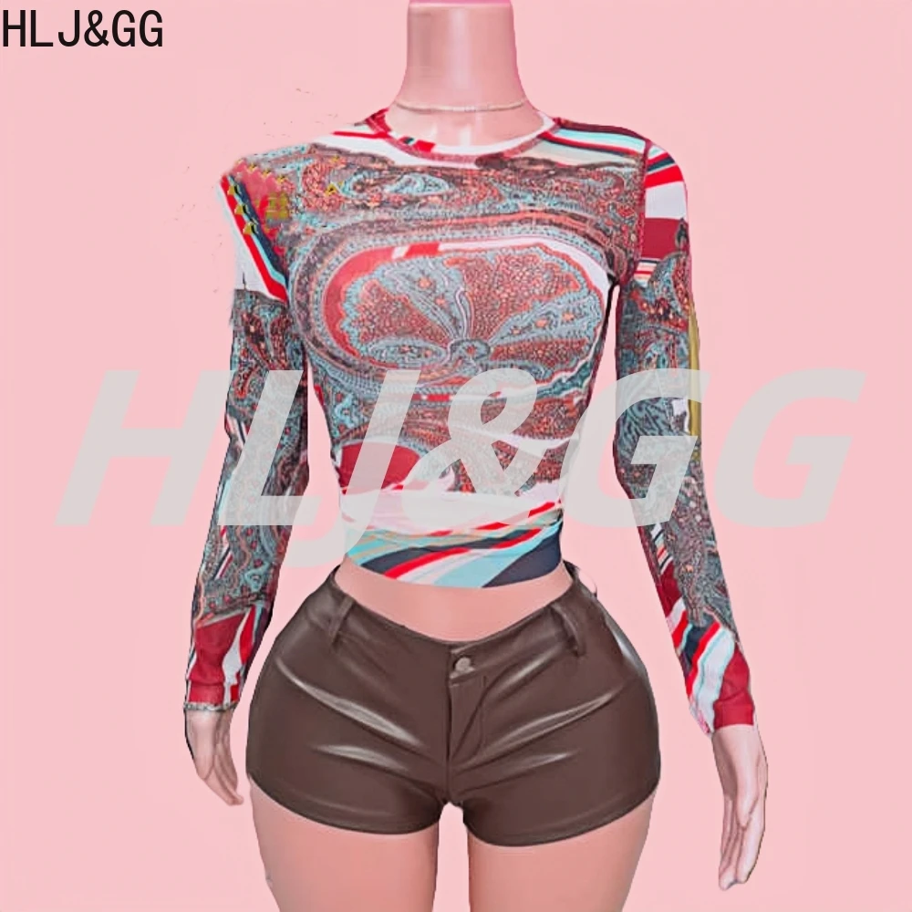 HLJ&GG Summer New Mesh Printing Two Piece Sets Women Round Neck Long Sleeve Crop Top And Leather Shorts Outfits Streetwear 2025
HLJ&GG Summer New Mesh Printing Two Piece Sets Women Round Neck Long Sleeve Crop Top And Leather Shorts Outfits Streetwear 2025