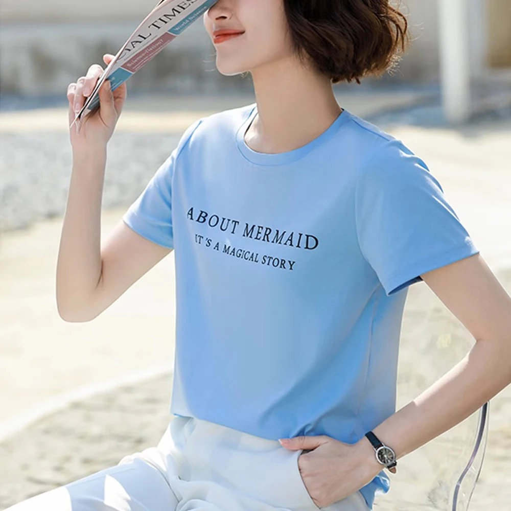 Korean version sky blue pure cotton short sleeved T-shirt for women's summer high-end fashion printed casual plus size top
Korean version sky blue pure cotton short sleeved T-shirt for women's summer high-end fashion printed casual plus size top