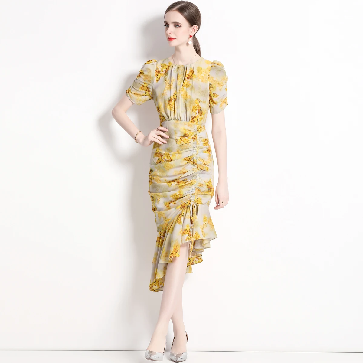 New Elegant Women O Neck Flower Print Mermaid Dress Summer Runway Yellow Chiffon Ruffles Drawstring Bodycon Irregular Midi Dress
New Elegant Women O Neck Flower Print Mermaid Dress Summer Runway Yellow Chiffon Ruffles Drawstring Bodycon Irregular Midi Dress