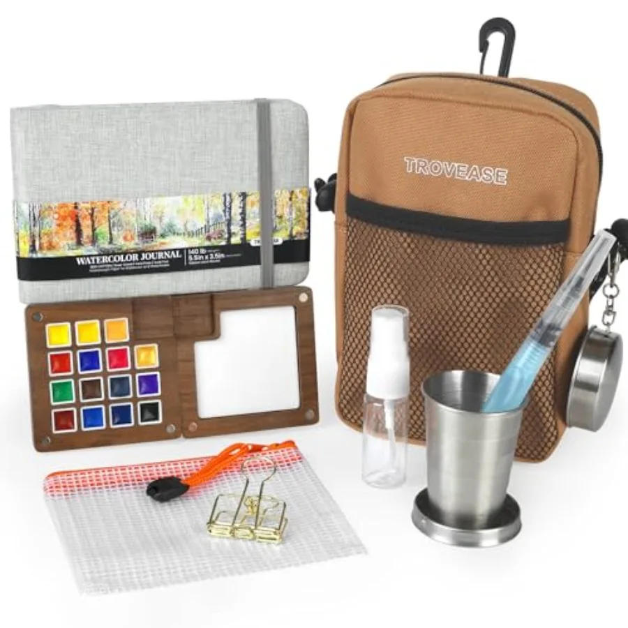 Mini Watercolor Paint Set, 15 Colors Travel Watercolor Set with Walnut Palette, Crossbody Bag, Sketchbook, Collapsible Cup Port
Mini Watercolor Paint Set, 15 Colors Travel Watercolor Set with Walnut Palette, Crossbody Bag, Sketchbook, Collapsible Cup Port