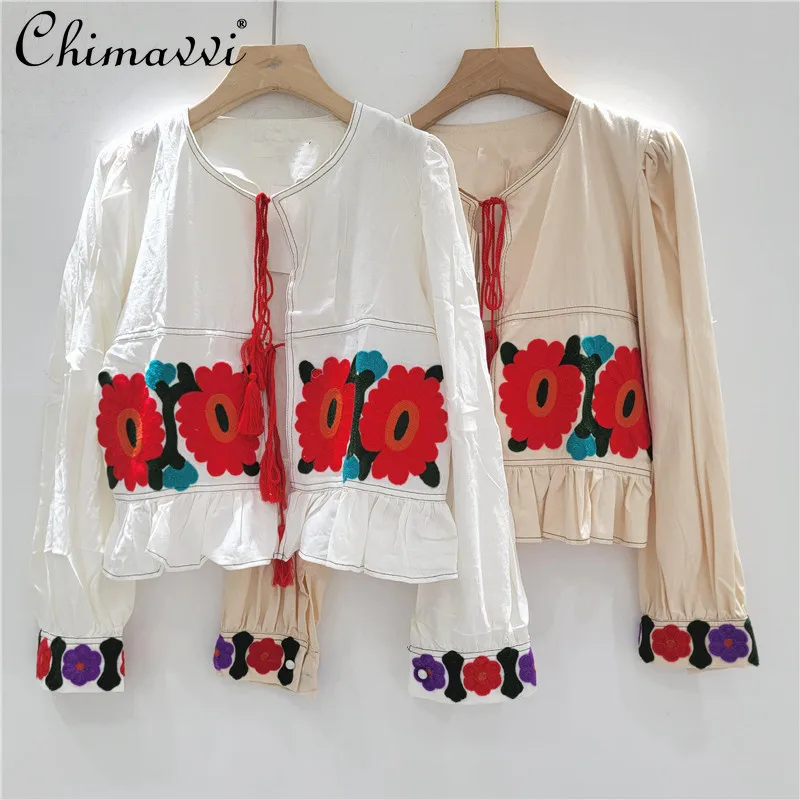 2025 Spring and Summer New Niche Ethnic Style Embroidery Flower Lace-up Ruffle Edge Foreign Style Shirt Jacket Top For Women
2025 Spring and Summer New Niche Ethnic Style Embroidery Flower Lace-up Ruffle Edge Foreign Style Shirt Jacket Top For Women