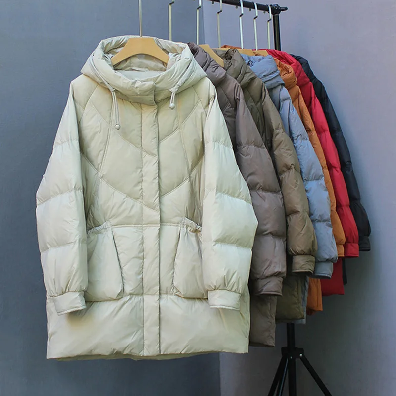 Winter Hooded Loose Mid Length Down Jacket Female Zipper Big Pocket Warm Parker Outwears Women White Duck Down Thick Down Jacket
Winter Hooded Loose Mid Length Down Jacket Female Zipper Big Pocket Warm Parker Outwears Women White Duck Down Thick Down Jacket