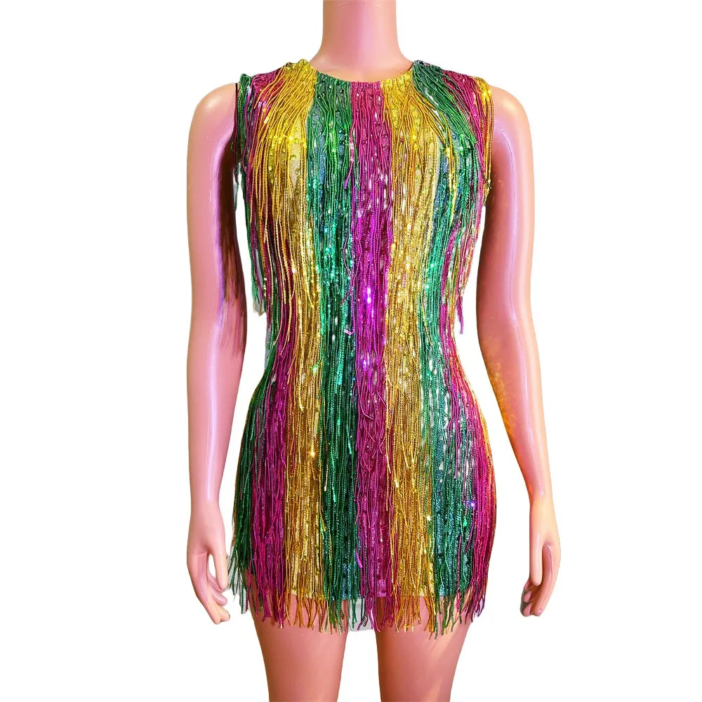 Colorful Crystal Sequins Tassel Short Dress Women Luxury Evening Birthday Celebrate Fringe Dresses Bar Singer Show Stage Costume
Colorful Crystal Sequins Tassel Short Dress Women Luxury Evening Birthday Celebrate Fringe Dresses Bar Singer Show Stage Costume