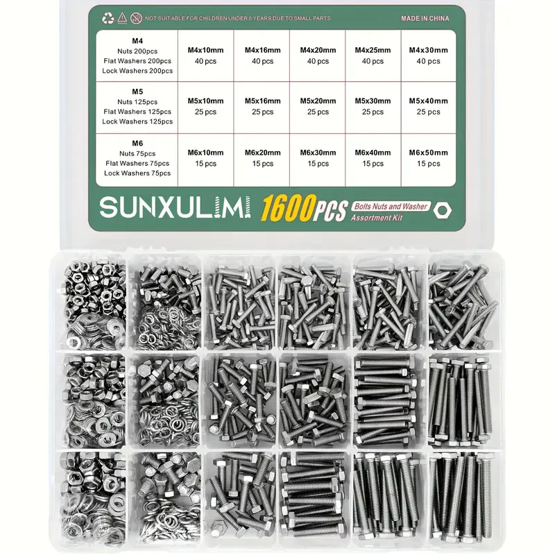 1600pcs Heavy-Duty M4 M5 M6 Bolts, Nuts, Flat & Lock Washers Assortment Kits, 18-8 Stainless Steel, 15 Most Common Sizes, Metal
1600pcs Heavy-Duty M4 M5 M6 Bolts, Nuts, Flat & Lock Washers Assortment Kits, 18-8 Stainless Steel, 15 Most Common Sizes, Metal