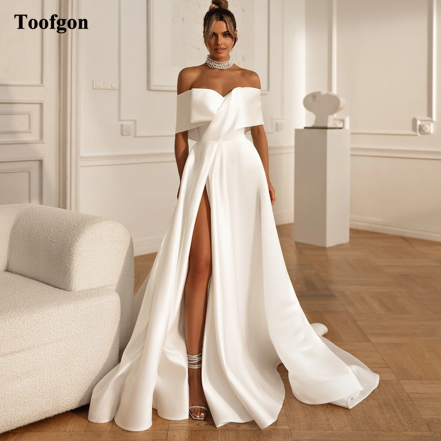 Toofgon A Line Satin Customized Wedding Dresses Bride Off The Shoulder Long Train Formal Leg Slit Bridal Gowns Photography Dress
Toofgon A Line Satin Customized Wedding Dresses Bride Off The Shoulder Long Train Formal Leg Slit Bridal Gowns Photography Dress