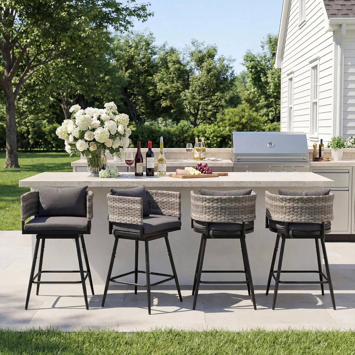 28" Swivel Wicker Bar Stools Set Of 4 With Cushions Footrest 400lbs Patio Garden Backyard, Customized
28" Swivel Wicker Bar Stools Set Of 4 With Cushions Footrest 400lbs Patio Garden Backyard, Customized