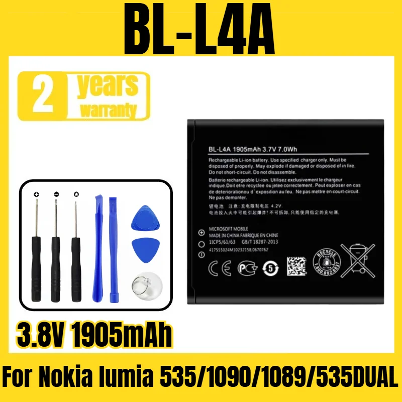 Suitable for Nokia lumia 535/1090/1089/535DUAL battery BL-L4A mobile phone battery,large capacity, free tool 3.8V 1905mAh
Suitable for Nokia lumia 535/1090/1089/535DUAL battery BL-L4A mobile phone battery,large capacity, free tool 3.8V 1905mAh