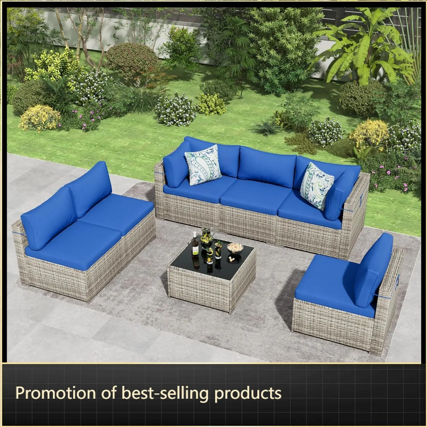 7 Piece Patio Furniture Set, Outdoor Wicker Patio Sofa Set, PE Rattan Sectional Couch with Glass Table and Blue Cushions
7 Piece Patio Furniture Set, Outdoor Wicker Patio Sofa Set, PE Rattan Sectional Couch with Glass Table and Blue Cushions